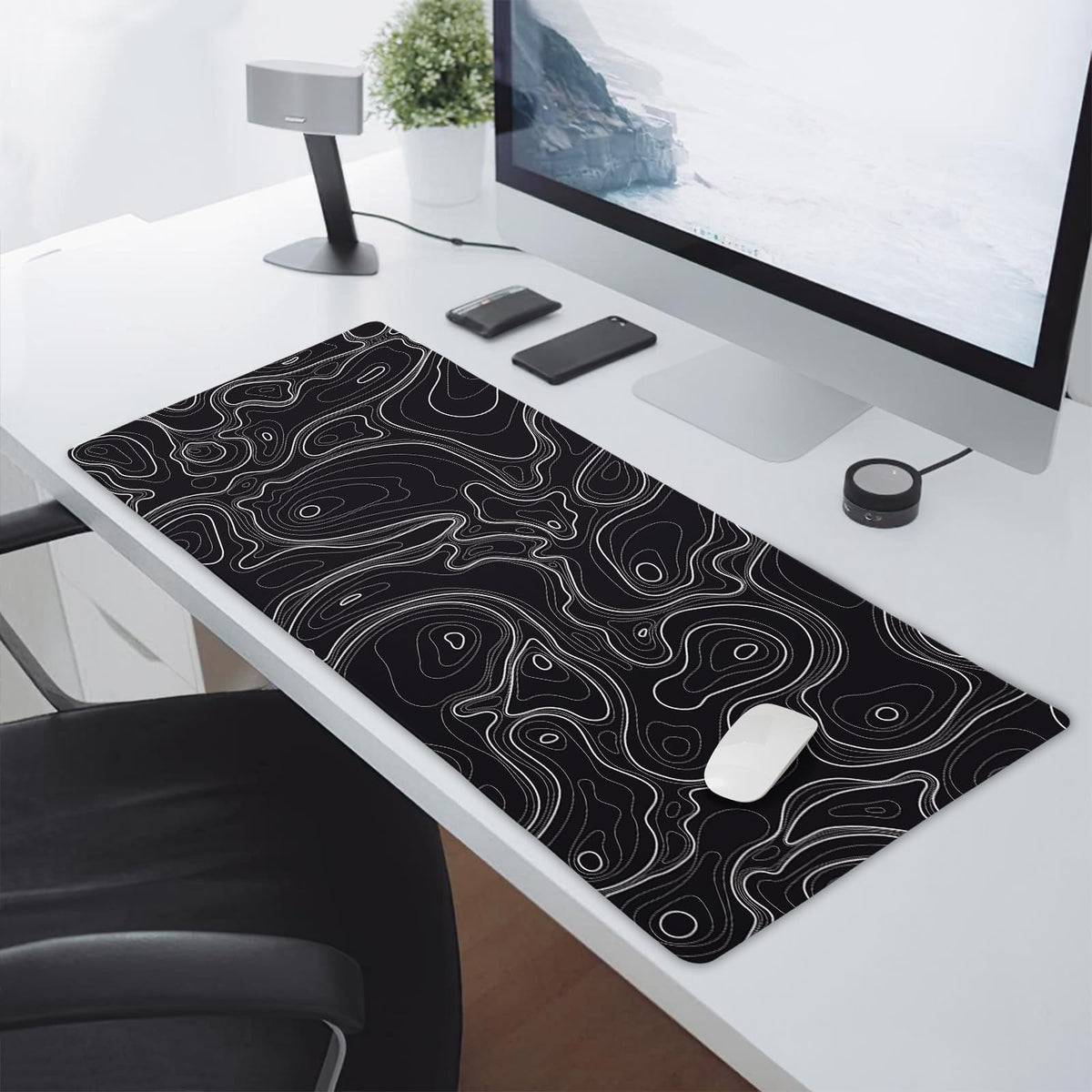 Topographic Map Black Gaming Mouse Pad XXL Minimalist Topo Geographic White Lines Extended Large