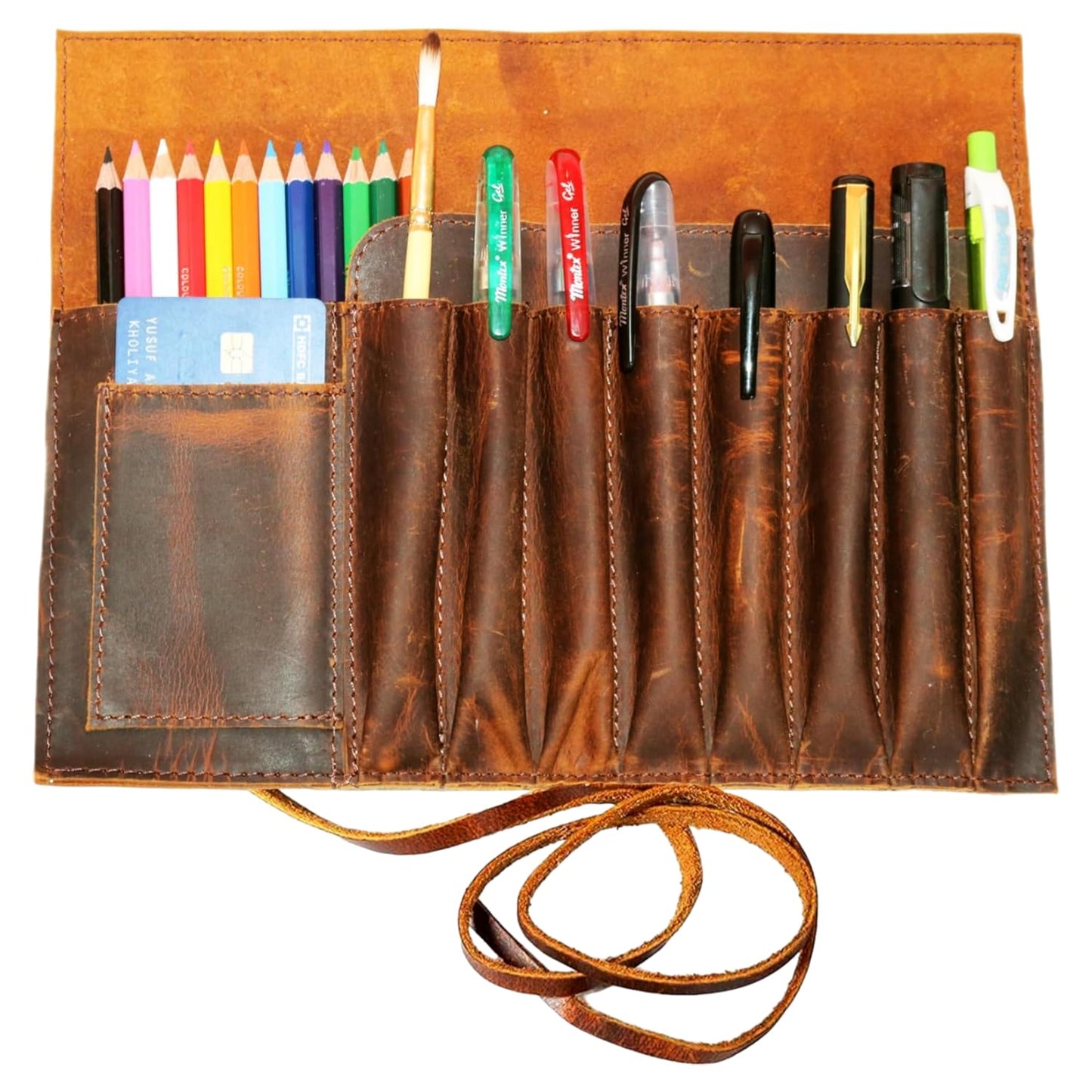 Jaald Genuine Leather Pencil Roll Brush Case Pen Holder Organizer Brushes Ruler Stationary Pouch
