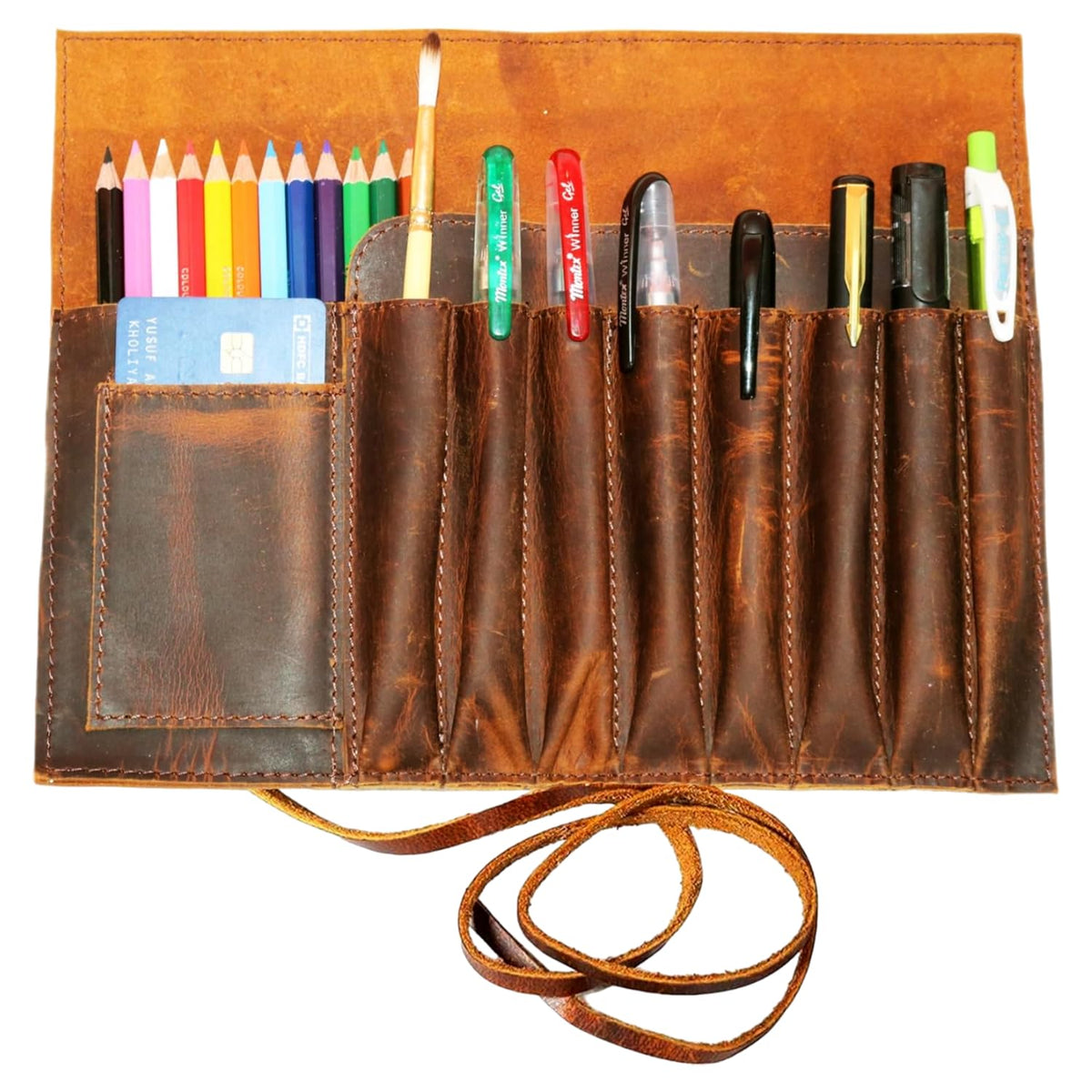 Jaald Genuine Leather Pencil Roll Brush Case Pen Holder Organizer Brushes Ruler Stationary Pouch