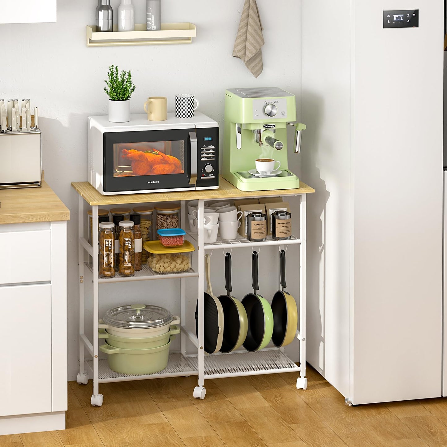ThreeHio Kitchen Island cart with Storage, Mobile Kitchen Cart with 4 Hooks and Adjustable Shelf on