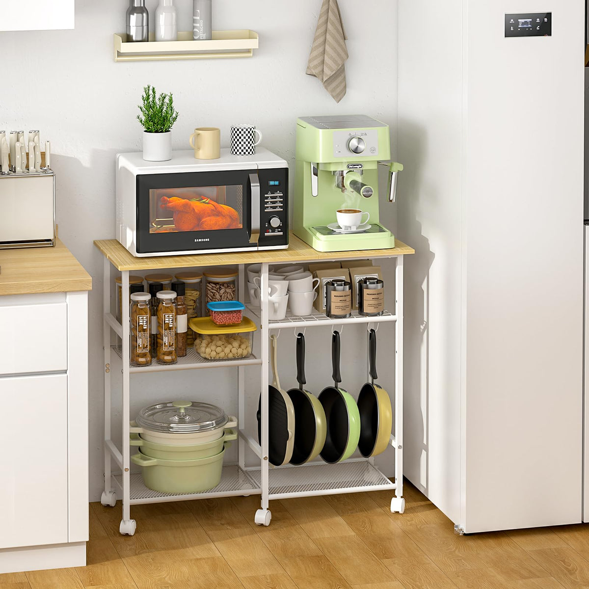 ThreeHio Kitchen Island cart with Storage, Mobile Kitchen Cart with 4 Hooks and Adjustable Shelf on
