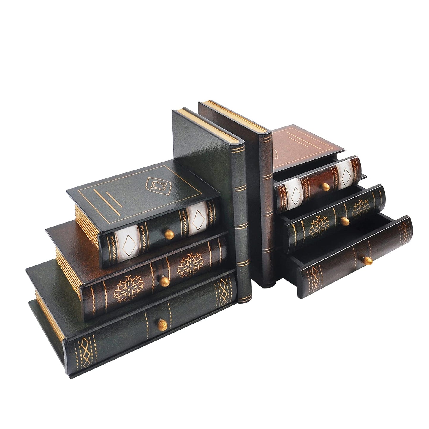 Vintage Wooden Bookends with Drawers – Decorative False Book Shelf Organizer for Home, Office, or