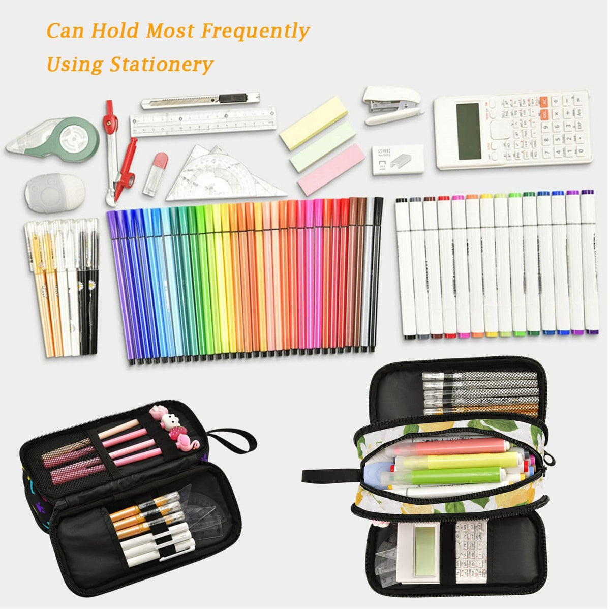Fustylead Fresh Summer Lemons Leaves Floral Large Pencil Pen Case Stationery Bag, 3 Compartments