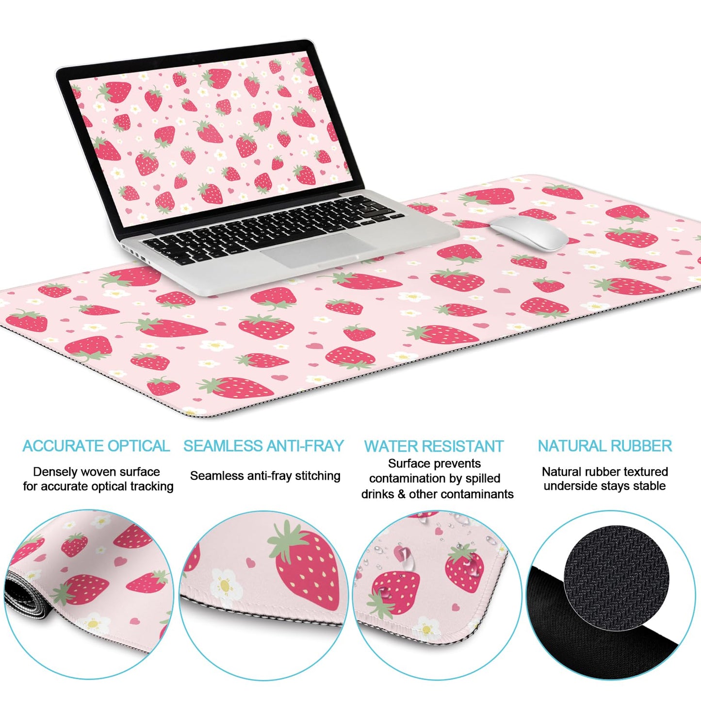 LIMKRIAN Strawberry Mouse Pad Large Desk Mat Set, Pink Ergonomic Mouse Pad
