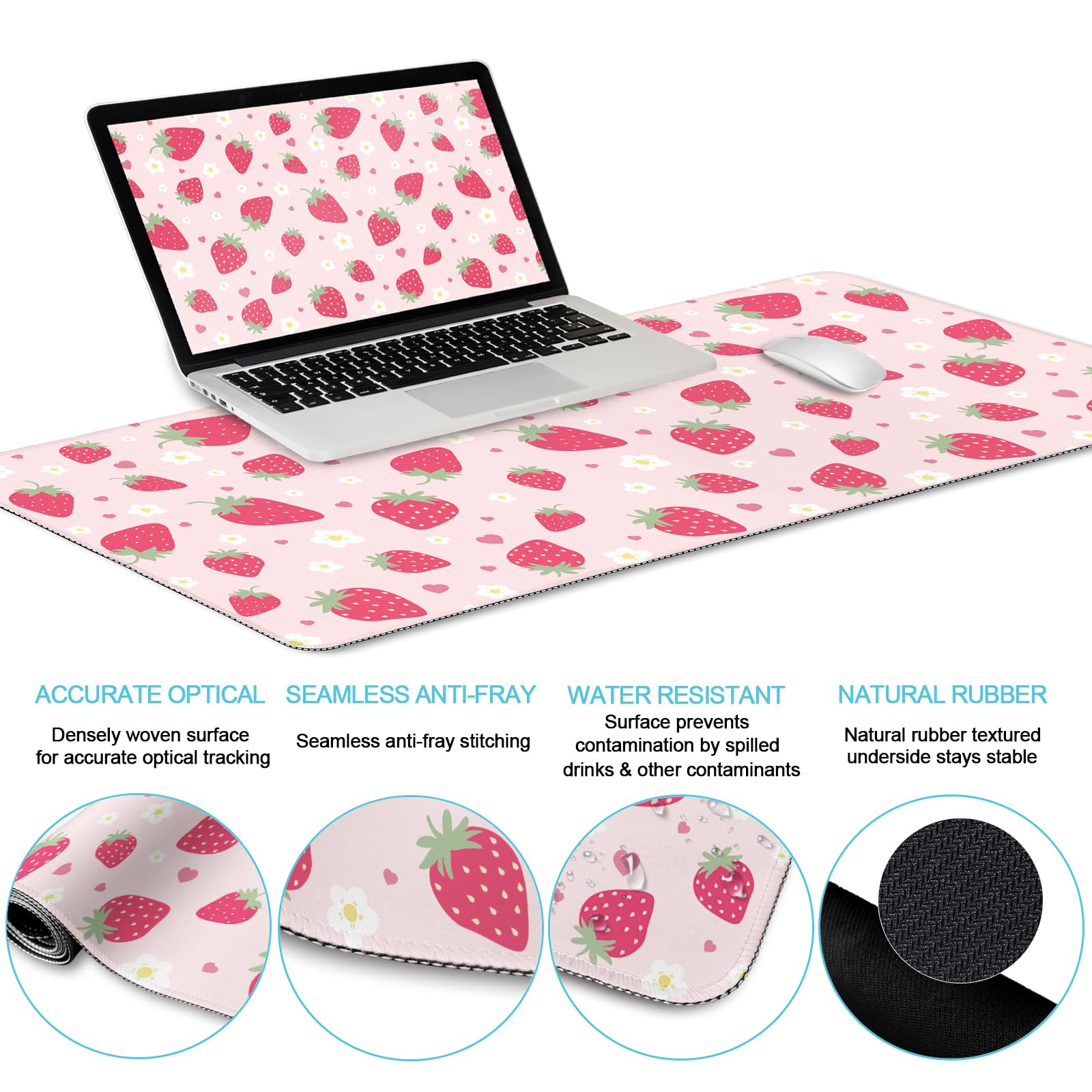 LIMKRIAN Strawberry Mouse Pad Large Desk Mat Set, Pink Ergonomic Mouse Pad