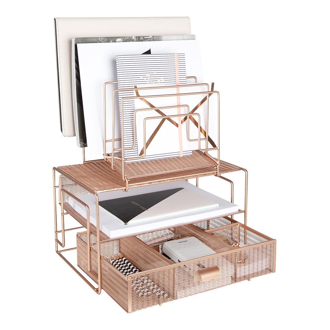 BLU MONACO Rose Gold Desk Organizer with Drawer | Metal Mesh Desktop Rack with File Sorters & Paper