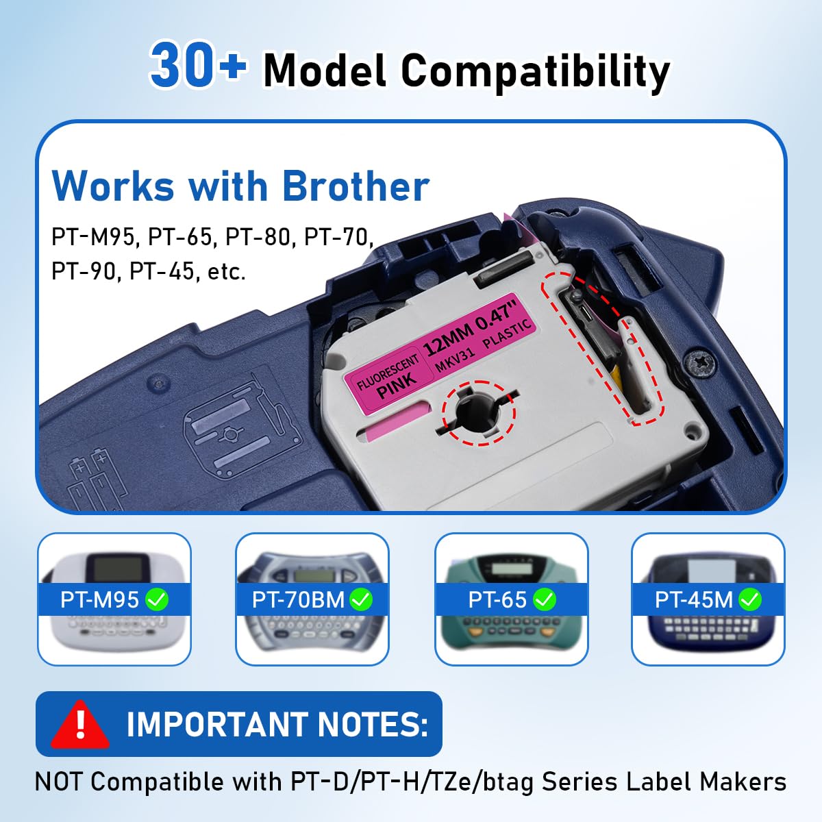 Replacement for Brother M Tape Neon Pink 12mm 0.47 M-KV31 P Touch Label