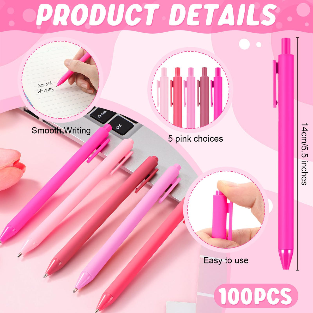 Dinifee 100 Pcs Ballpoint Gel Pens Bulk Retractable, Pink Series