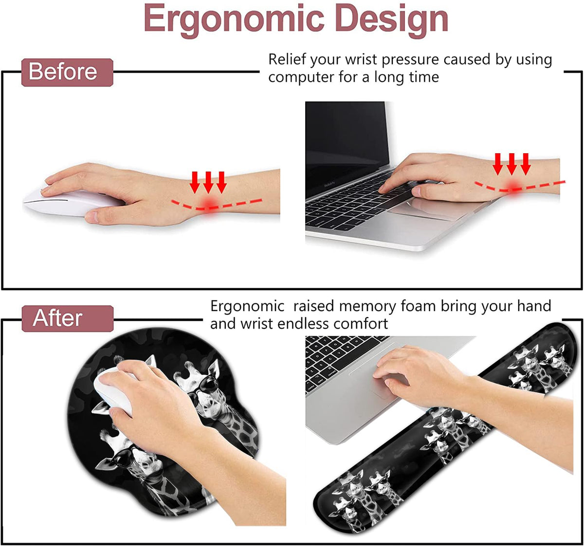 Computer Mouse Desk Pad, Mouse Pad Wrist Protector Printed with Cool Giraffes, Ergonomically