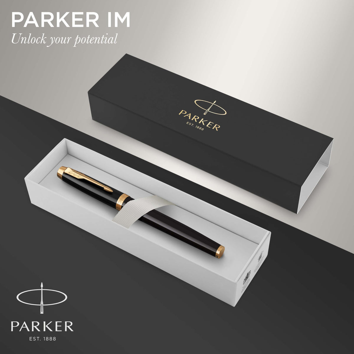 Parker IM Fountain Pen, Black Lacquer with Gold Trim, Fine Nib - Includes Blue Ink Refill and