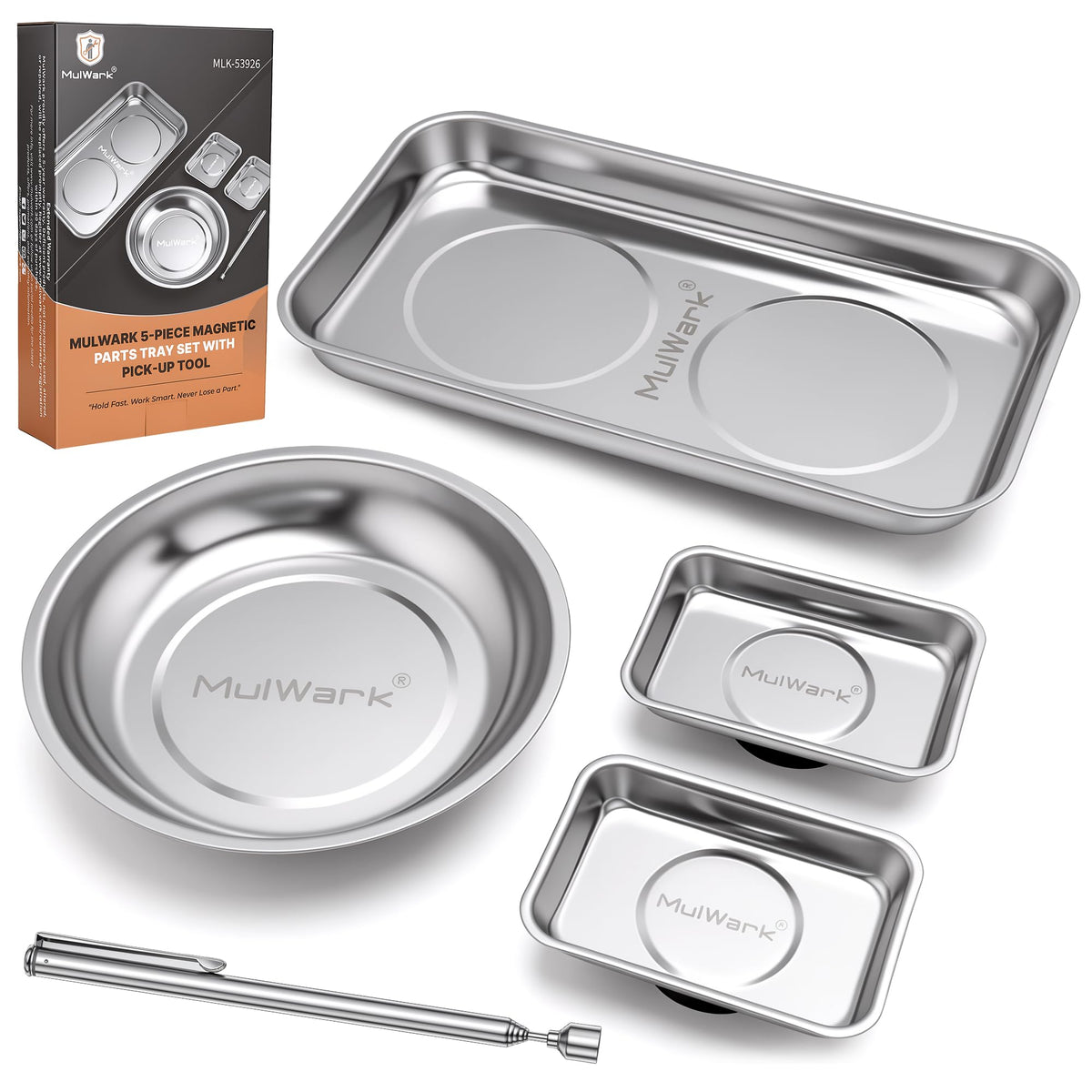 MULWARK 4Pcs Magnetic Tray with 1.5Lb Magnetic Pickup Tool, 3 Sizes Stainless Steel Magnetic Parts