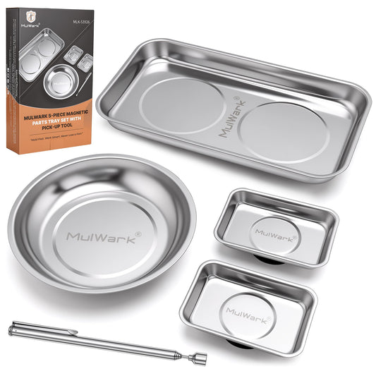MULWARK 4Pcs Magnetic Tray with 1.5Lb Magnetic Pickup Tool, 3 Sizes Stainless Steel Magnetic Parts