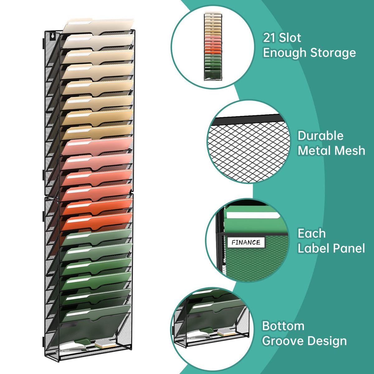 SUPEASY 21 Tier Wall File Organizer, Hanging Wall Mounted Mail Organizer with Label Slots, Metal