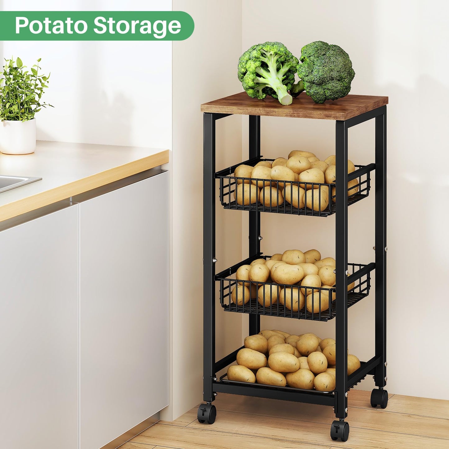 SNTD Fruit Basket Stand for Kitchen with Pull Out Vegetable Baskets, Black