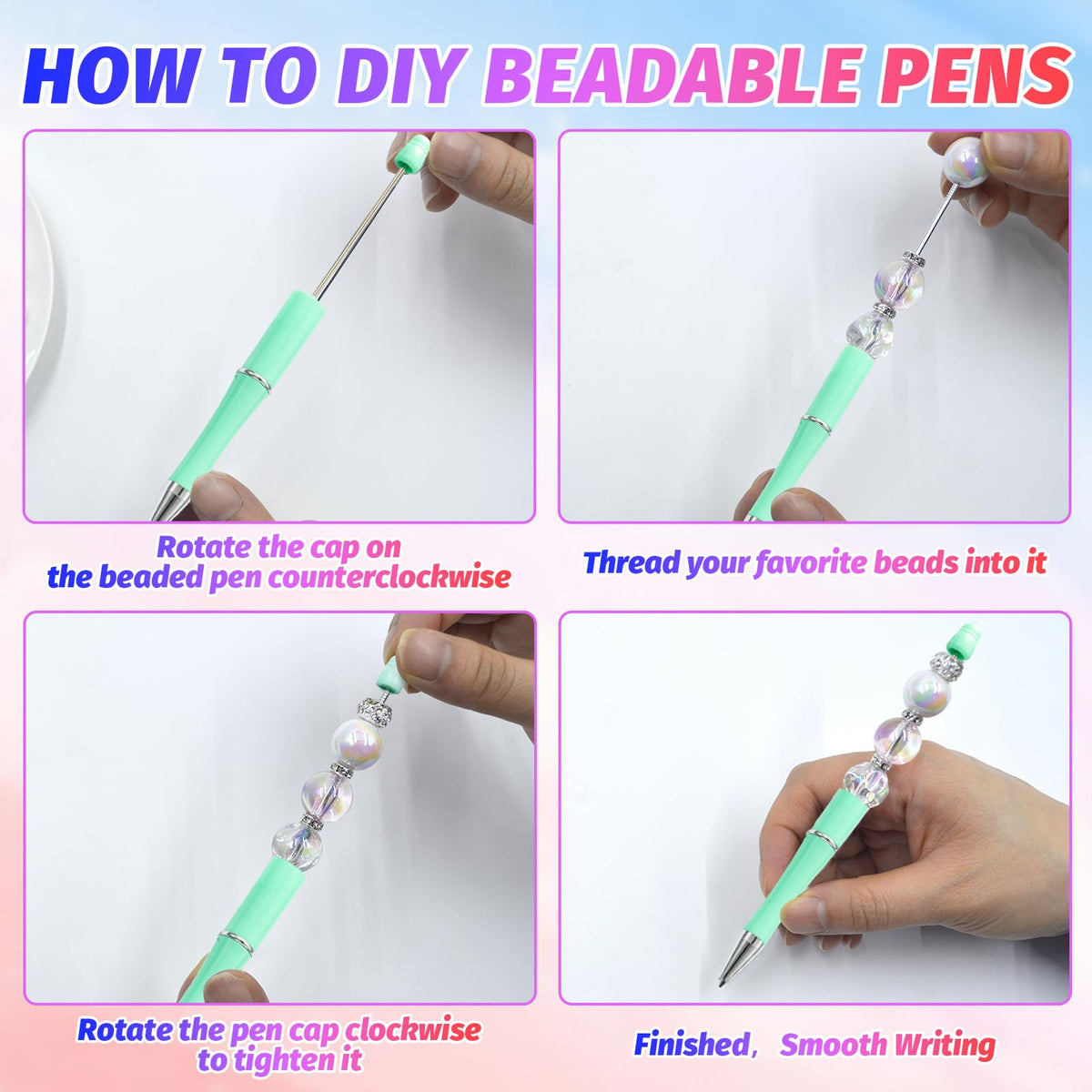 DASTTUIS 150 Pieces DIY Beadable Pens Kit - 50 plastic Beadable Pens Bulk, Refills & pen bags