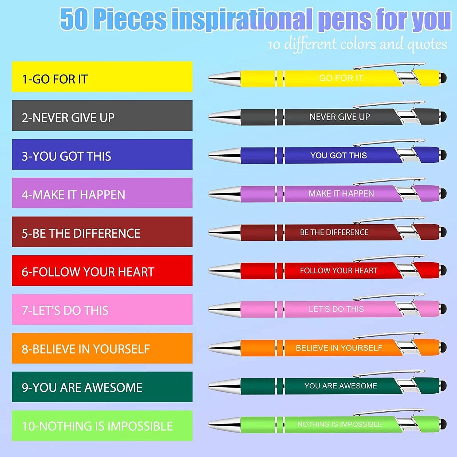 Greengines 50 PCS Inspirational Pens Bulk with Stylus Tip Gifts Black Ink