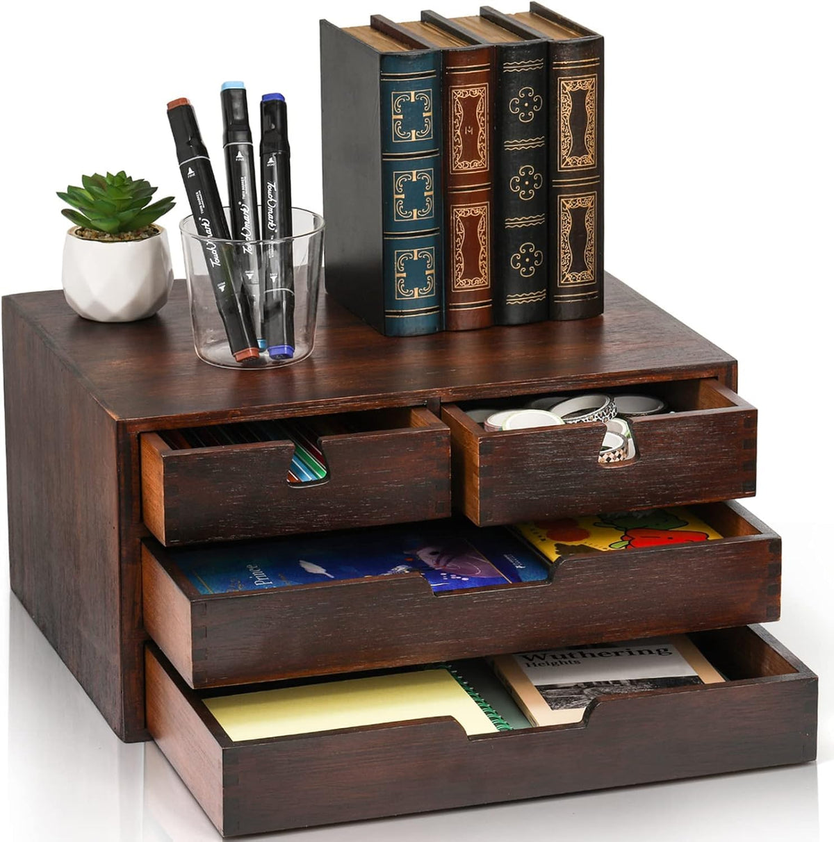 DEAYOU Bamboo Desk Organizer, 100% Natural Bamboo Desktop Drawer Organizer, Dark Brown Tabletop