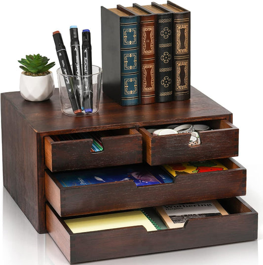 DEAYOU Bamboo Desk Organizer, 100% Natural Bamboo Desktop Drawer Organizer, Dark Brown Tabletop