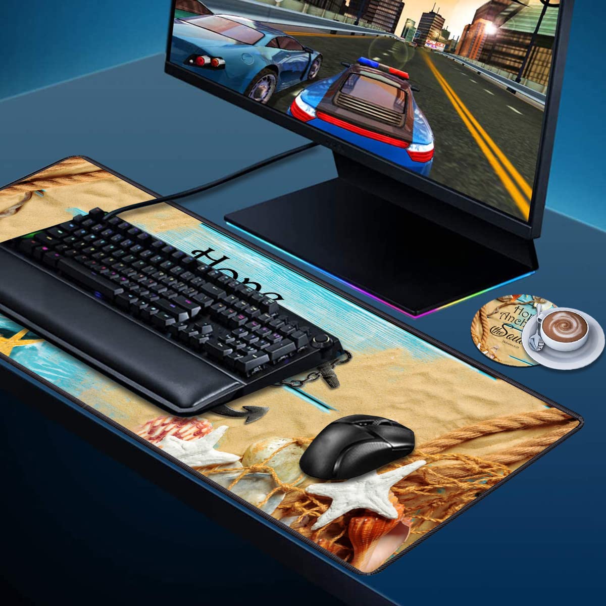 Desk Pad Mat With Coasters, 31.5"x 11.8" XXL Large Gaming Mouse Mat With Non-Slip Base and Stitched