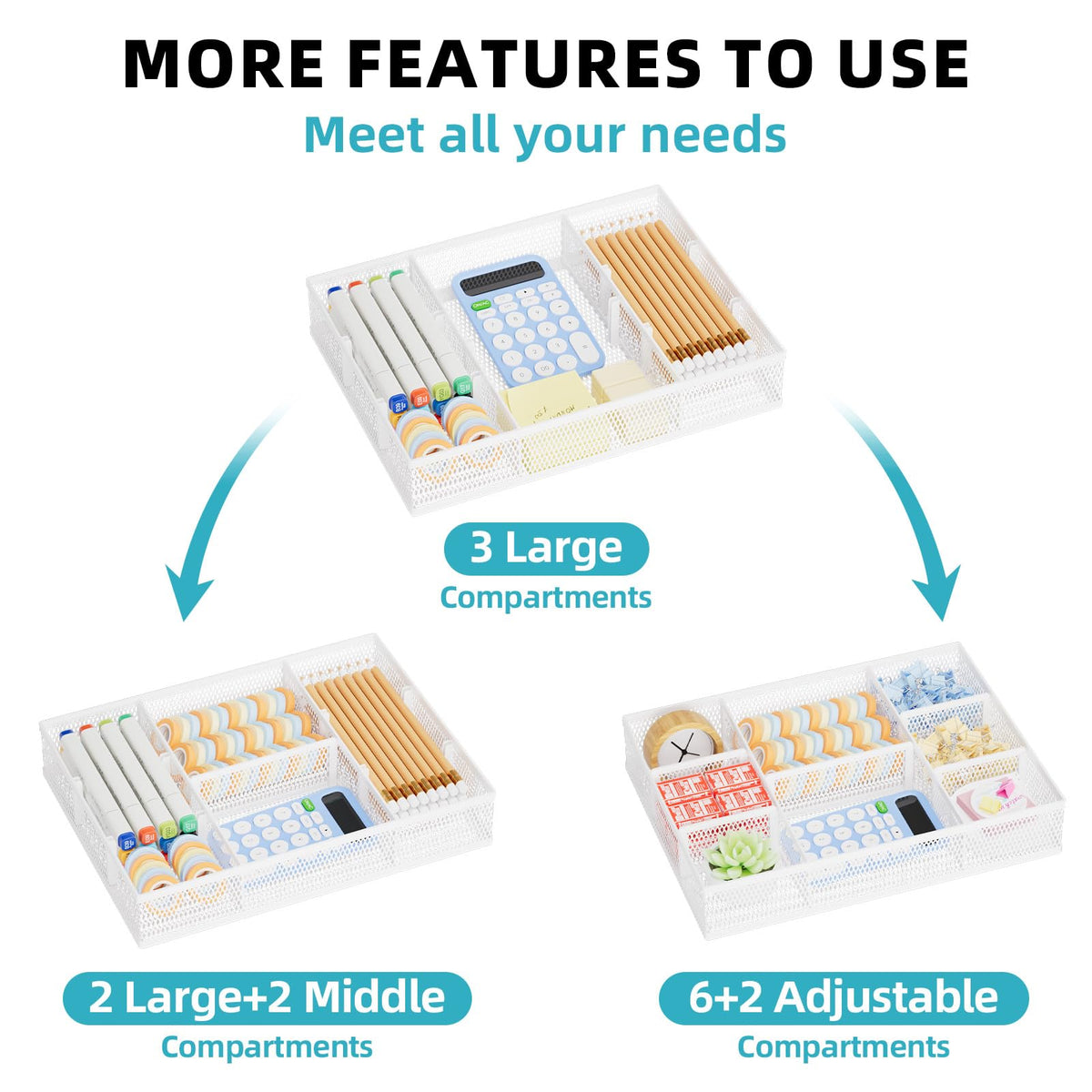 Marbrasse 2 Pack Desk Drawer Organizer, Mesh Drawer Organizer Tray with 8 Adjustable Compartments