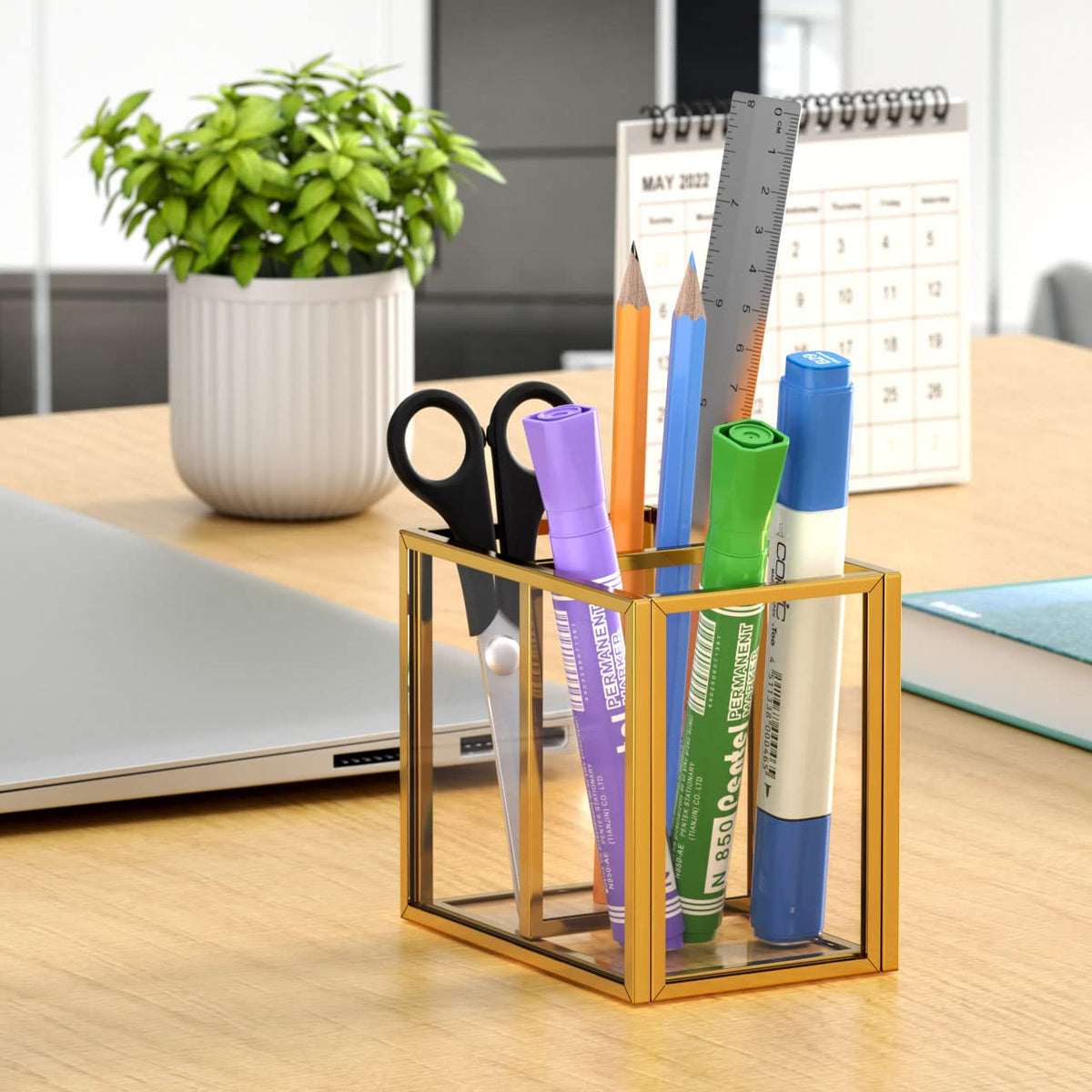 NIUBEE Gold Acrylic Pen Holder for Desk, Clear Pencil Cup Organizer Makeup Brush Holder, Acrylic
