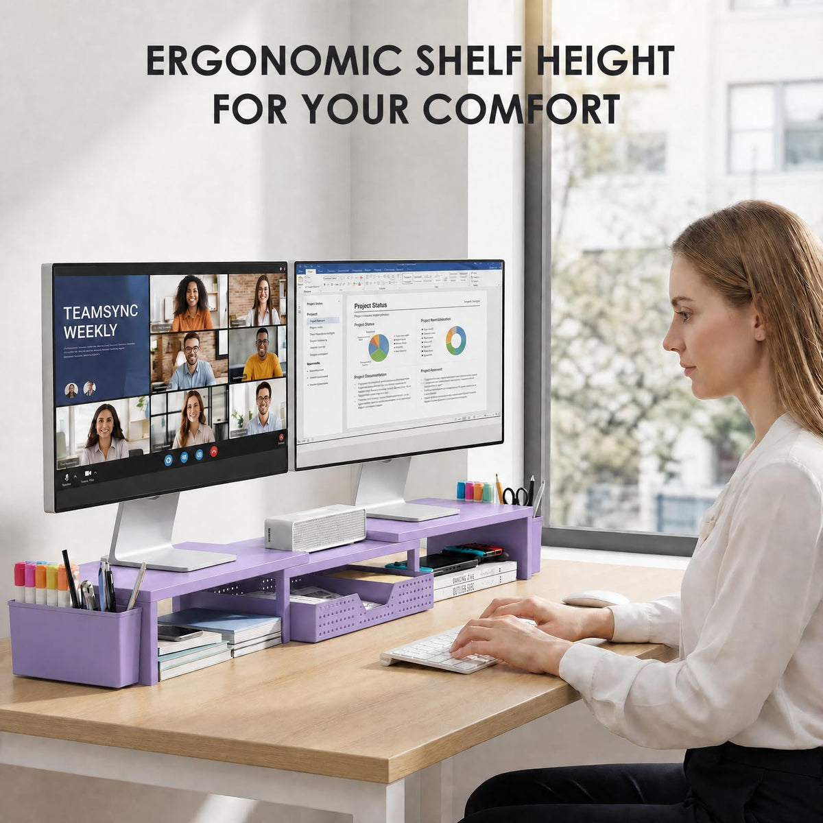 OPNICE Desk Organizers and Accessories, Dual Monitor Stand Riser with Drawer and 2 Pen Holders