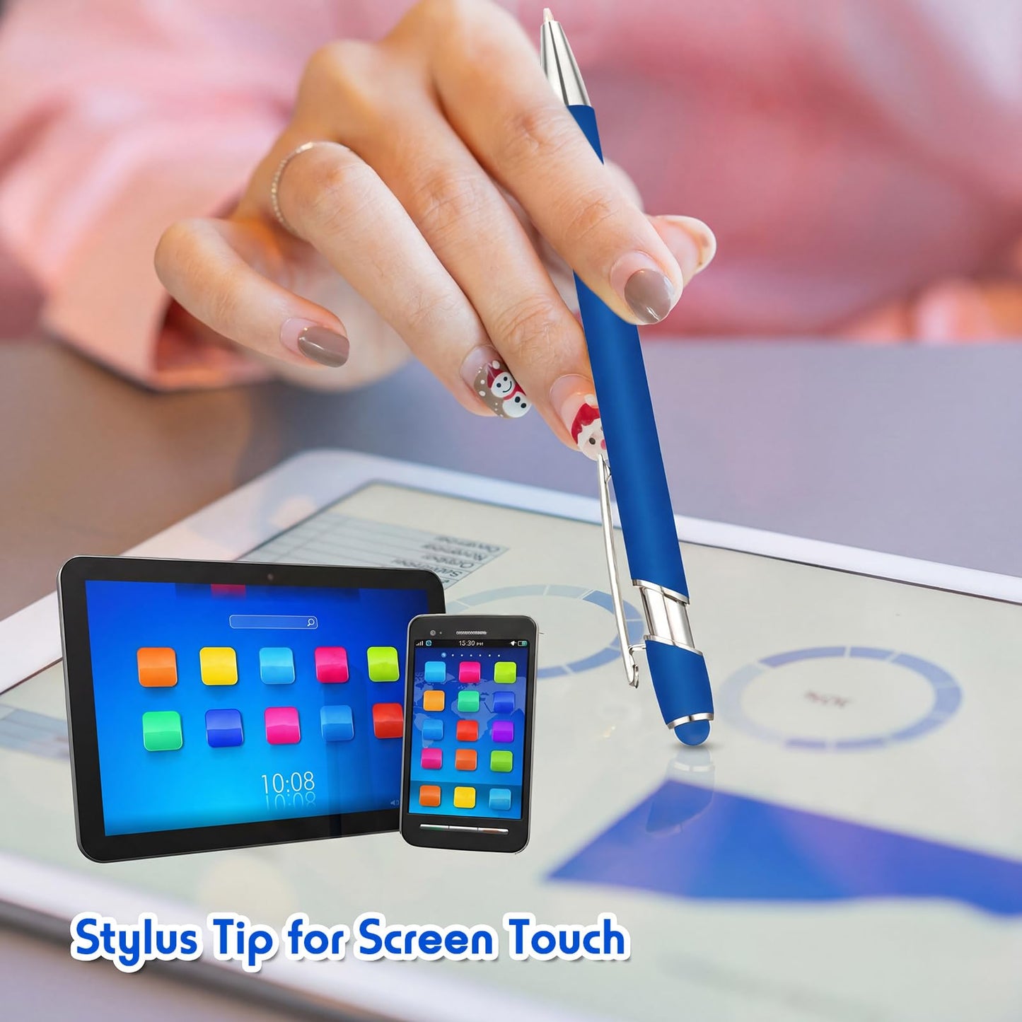 Yeaqee 100 Pieces Ballpoint Pen Bulk with Stylus Tip Click, Royal Blue