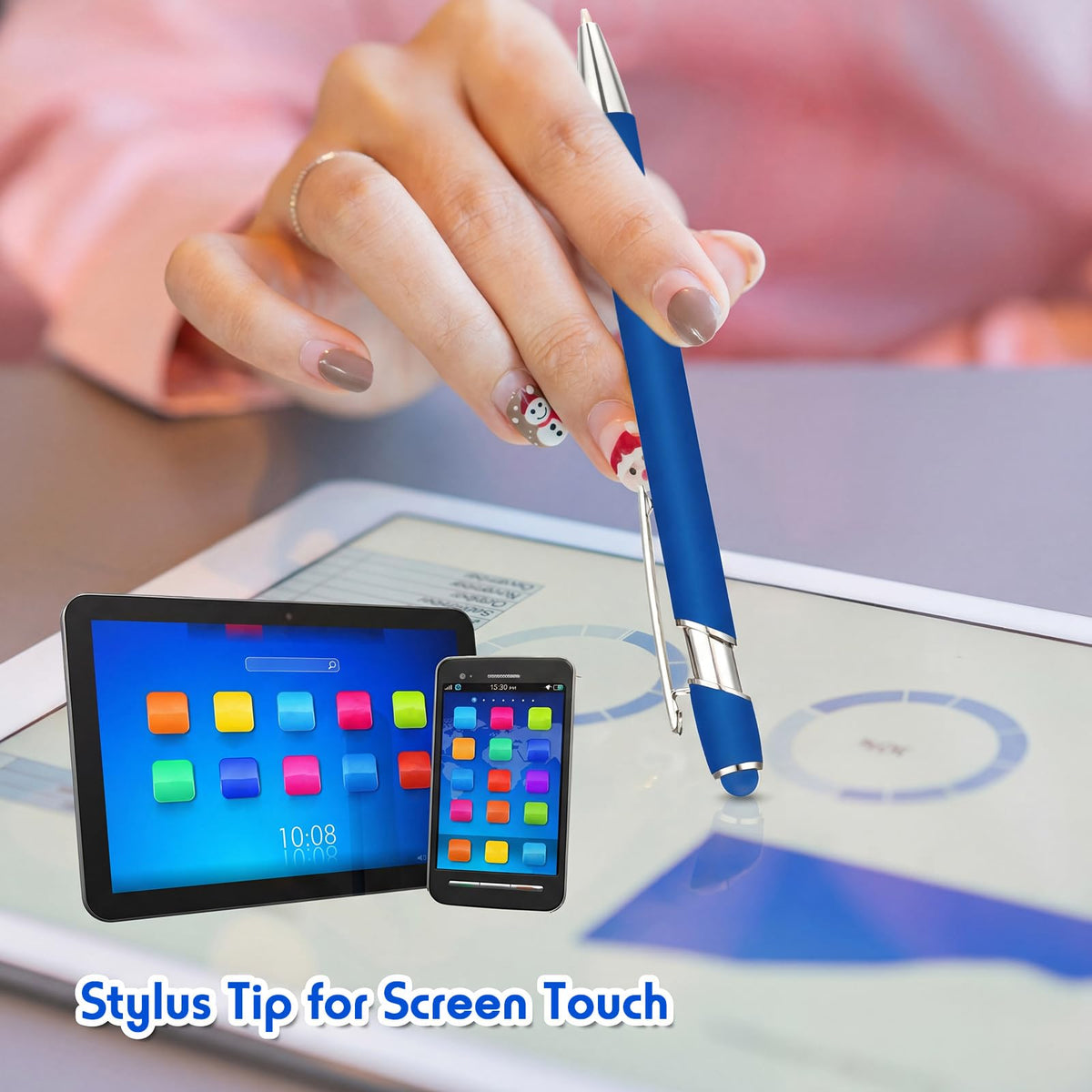 Yeaqee 100 Pieces Ballpoint Pen Bulk with Stylus Tip Click, Royal Blue