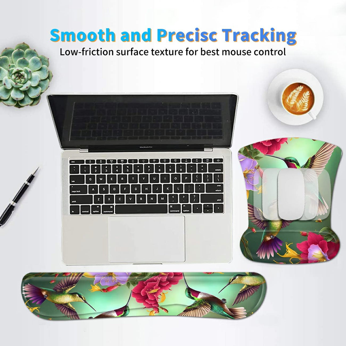 3Pcs Ergonomic Memory Foam Keyboard Wrist Rest Pad Set, Floral Hummingbird
