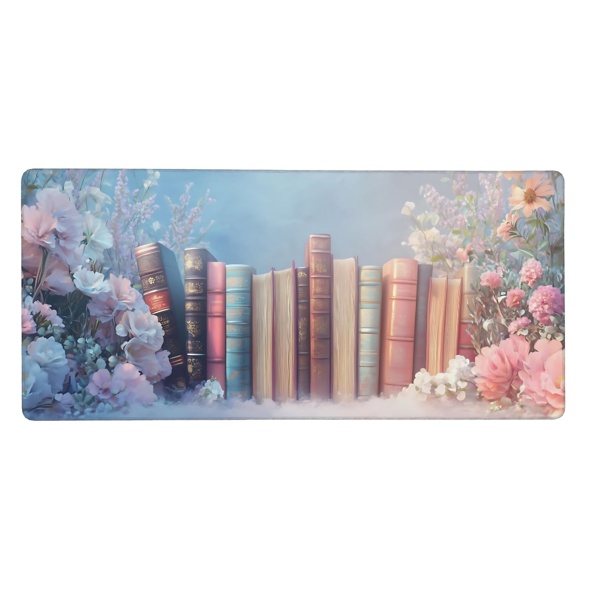 Cute Floral Aesthetic Book Gaming Mouse Pad, Blue Pink Dreamy Desk Mat with Anti-Slip Base &