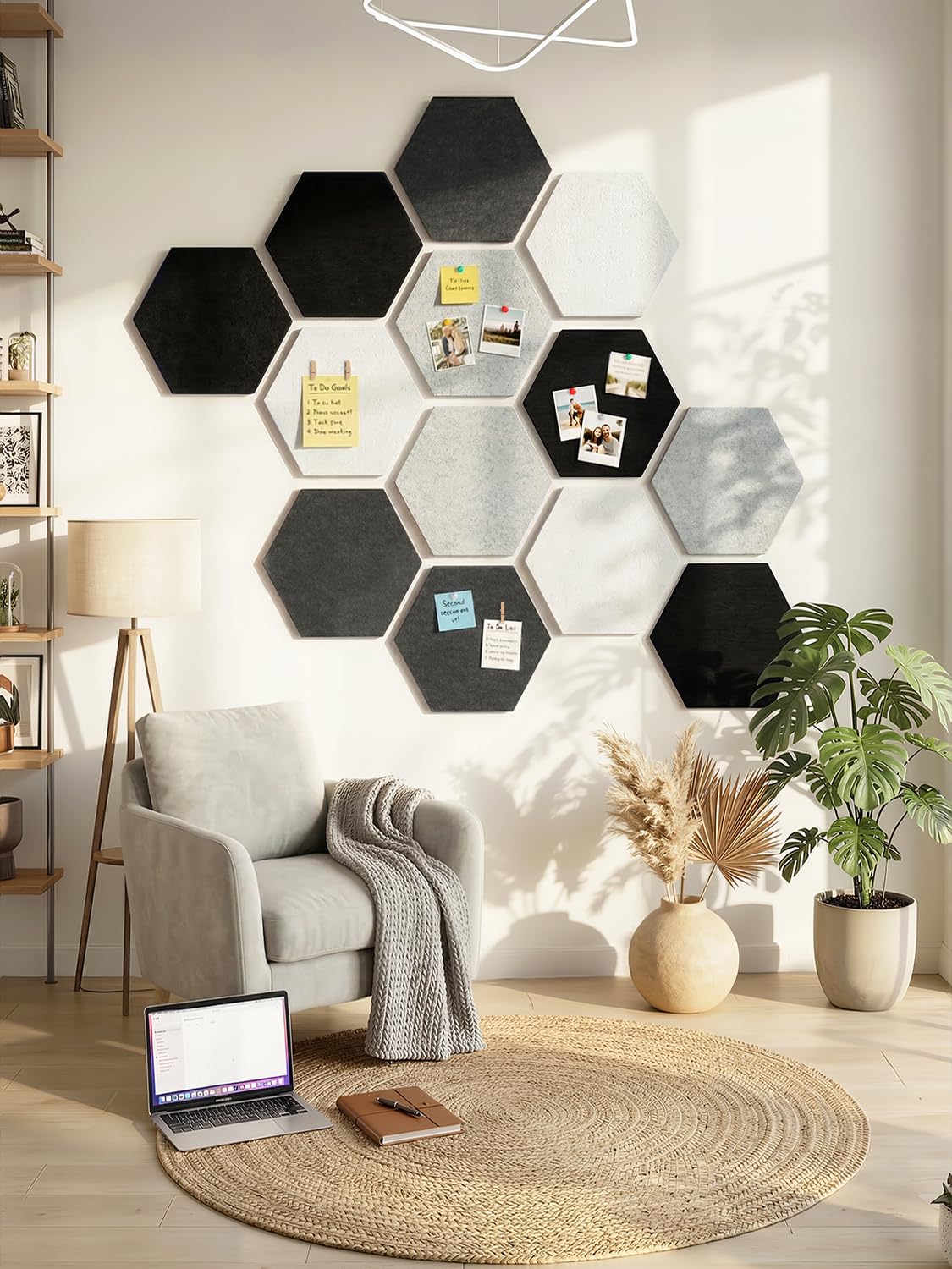 Uoisaiko 8 Pack Hexagon Felt Bulletin Board Tiles - 11.8" Large Thick Pin Board for Walls with 30