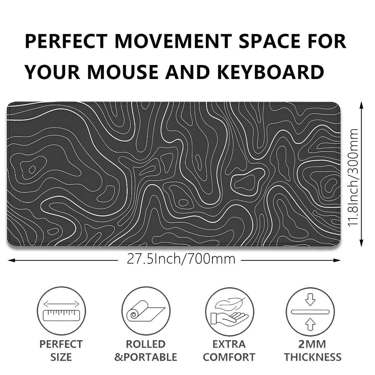 Black Topographic Mouse Pad,Gaming Desk Pad with Stitched Edges Non-Slip Rubber Base Extended XL