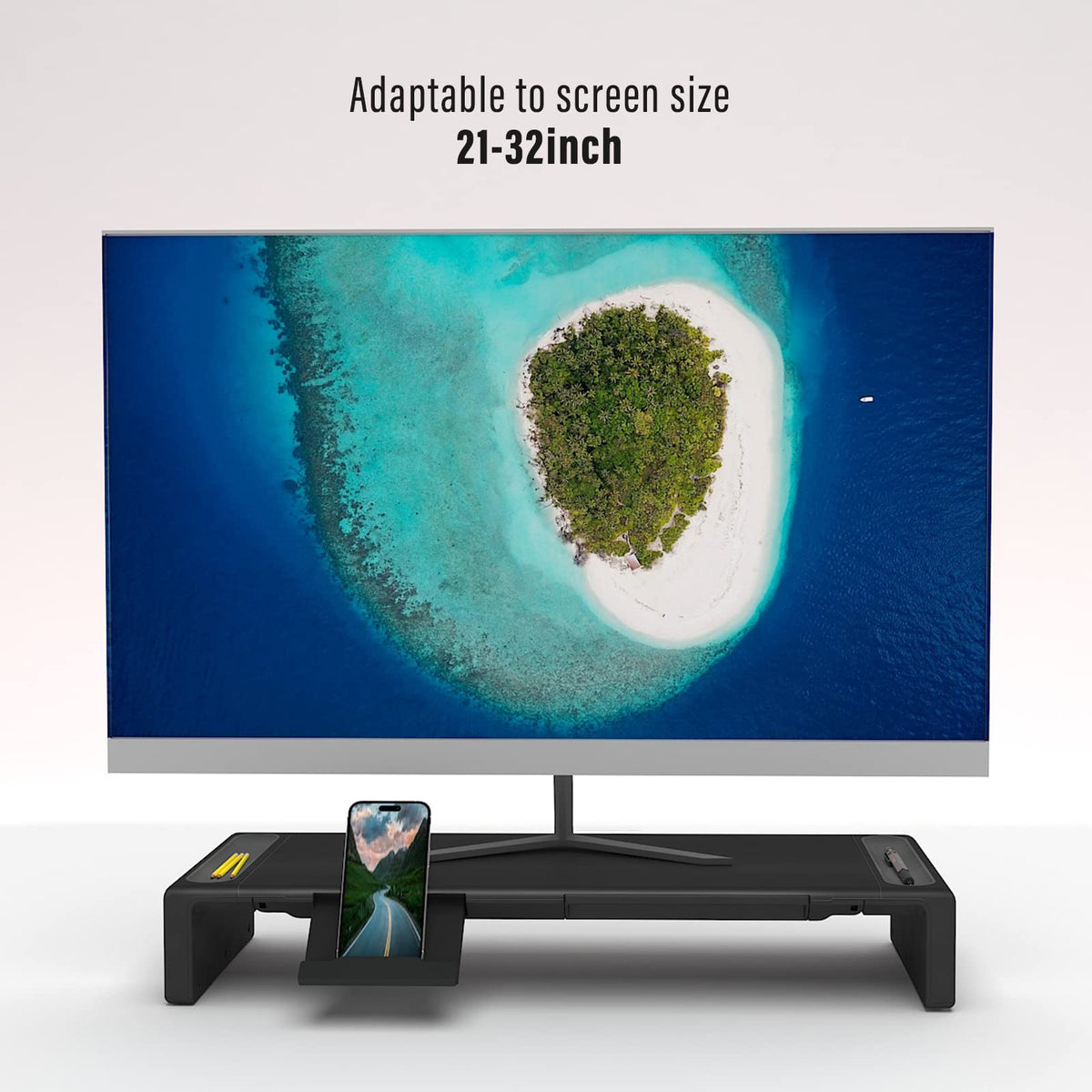 Adjustable Monitor Riser with Drawer & Phone Holder, Foldable Desk Stand