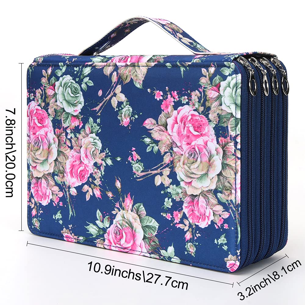 Vomgomfom 200 Slots Pencil Case 4-Layer PU Leather, Handle, Blue Rose
