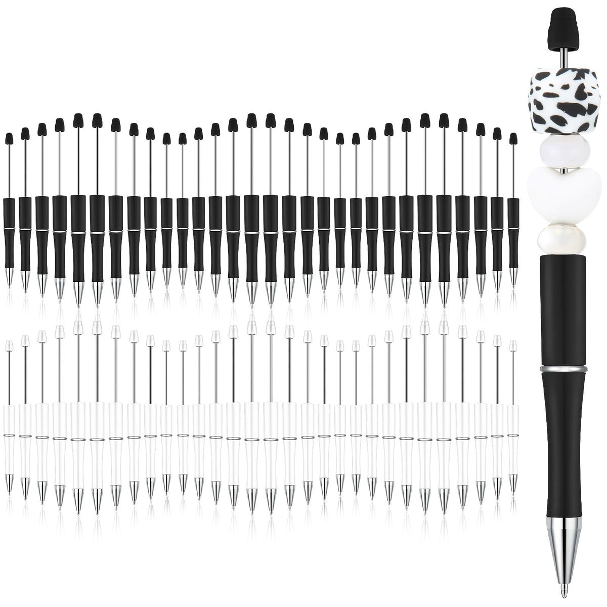 Kosiz 60 Pieces Beadable Pens Bulk Black Ink Pens,Black, White,Simple