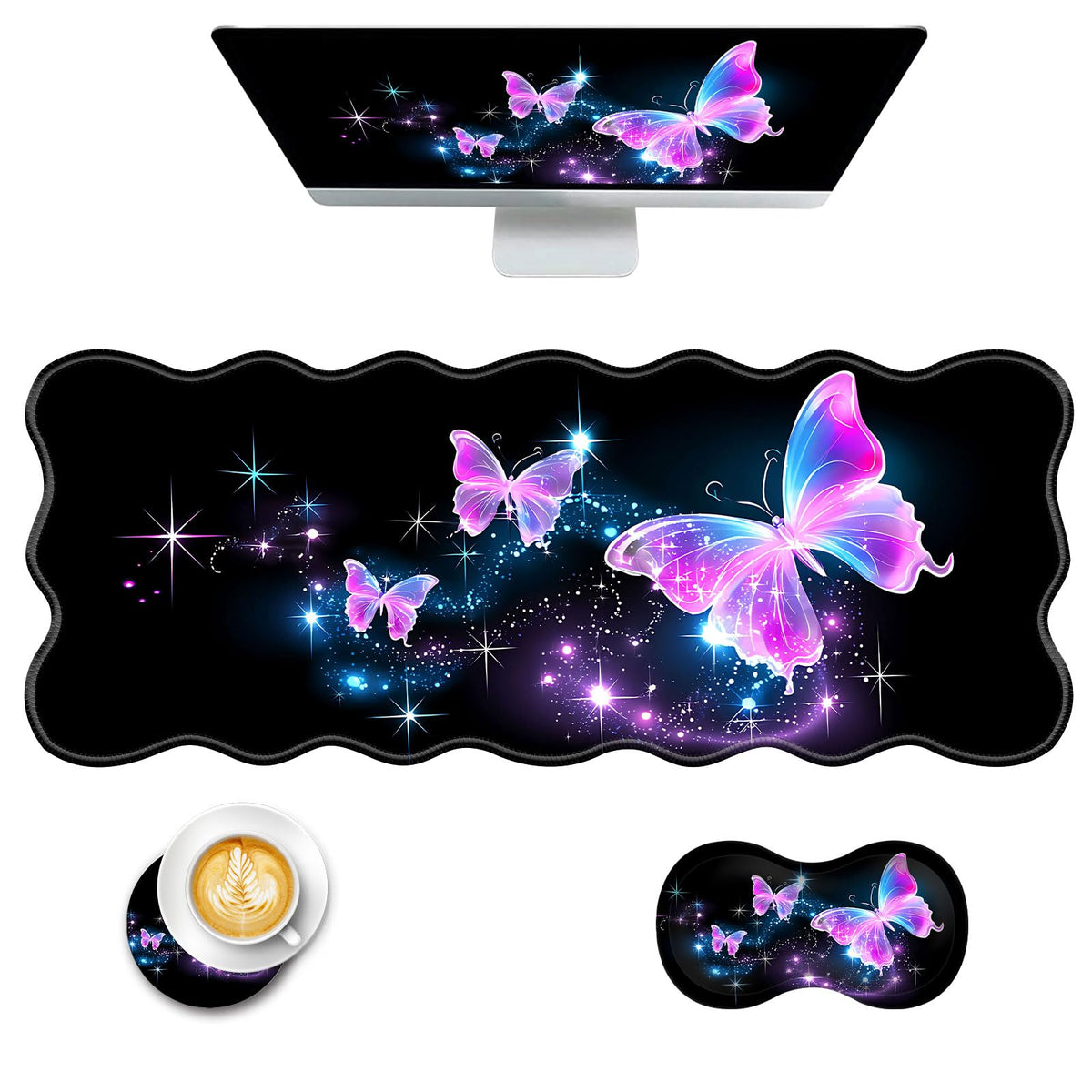 CICPLKSE Mouse Pad with Wrist Support + Desk Mat + Coaster 3 in 1 Set, XL Large Gaming Mousepad