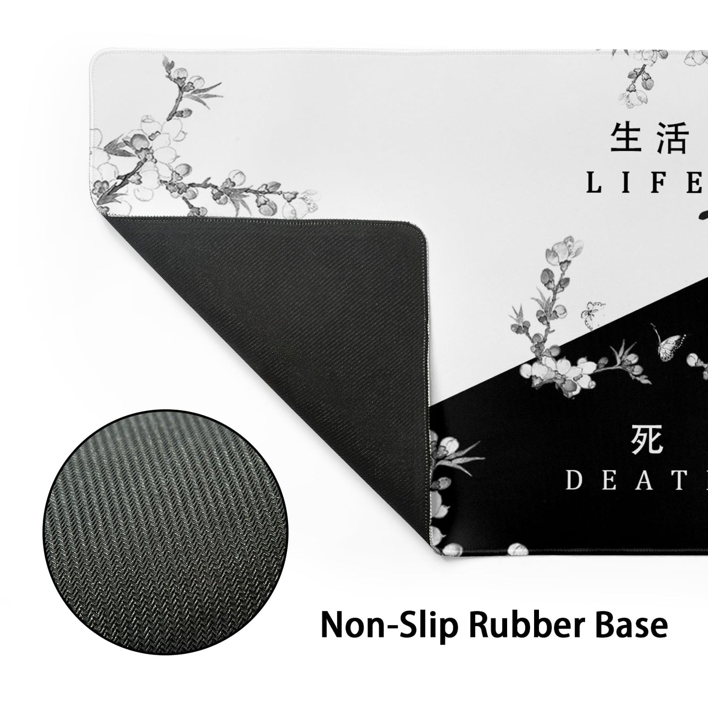 Black and White Cherry Blossom Gaming Mouse Pad XL，Large Mouse Pad Japanese Sakura Death Life Mouse