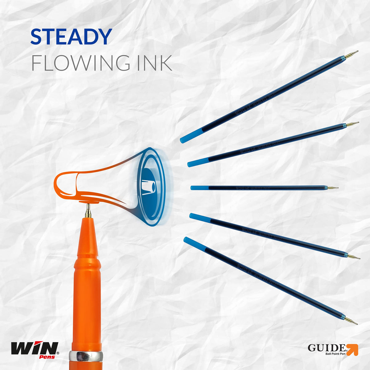 WIN Guide Ball Pens | 10 Blue Ink Pens | 0.6 mm Tip | Smooth Writing | Lightweight Multicoloured