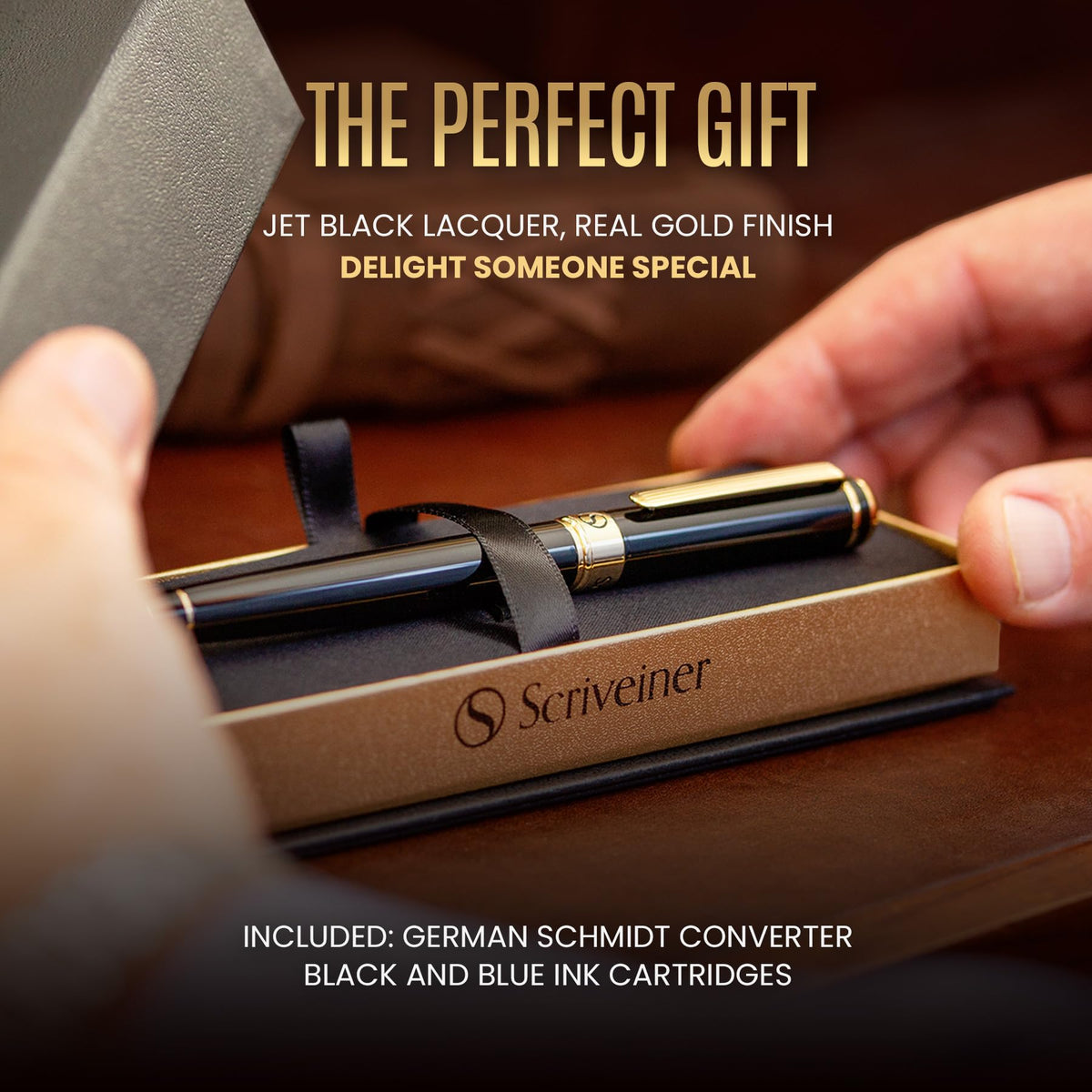 Scriveiner Luxury Fountain Pen - Stunning Black Lacquer Pen, Real Gold Finish, Schmidt Gilded Nib