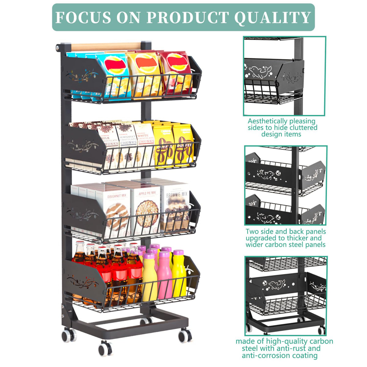 Heavy 4-Tier Snack Cart with Wheels ，Removable Rolling Pantry Cart，Black