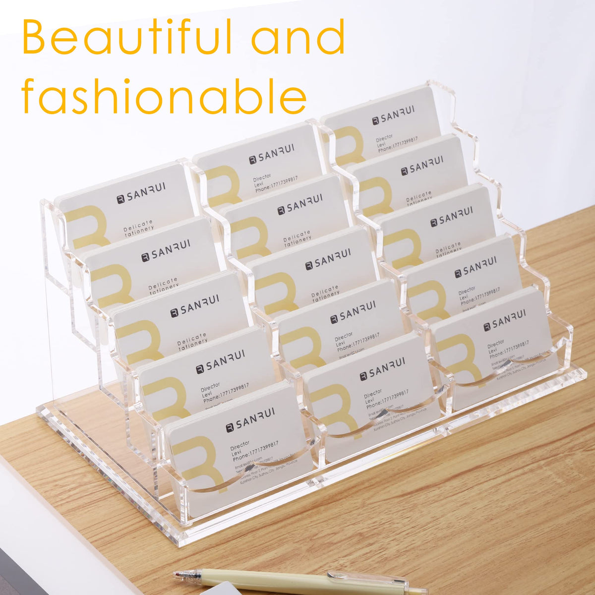 SANRUI Acrylic Business Card Holder, Clear Desk Card Display Stand,15 Slots