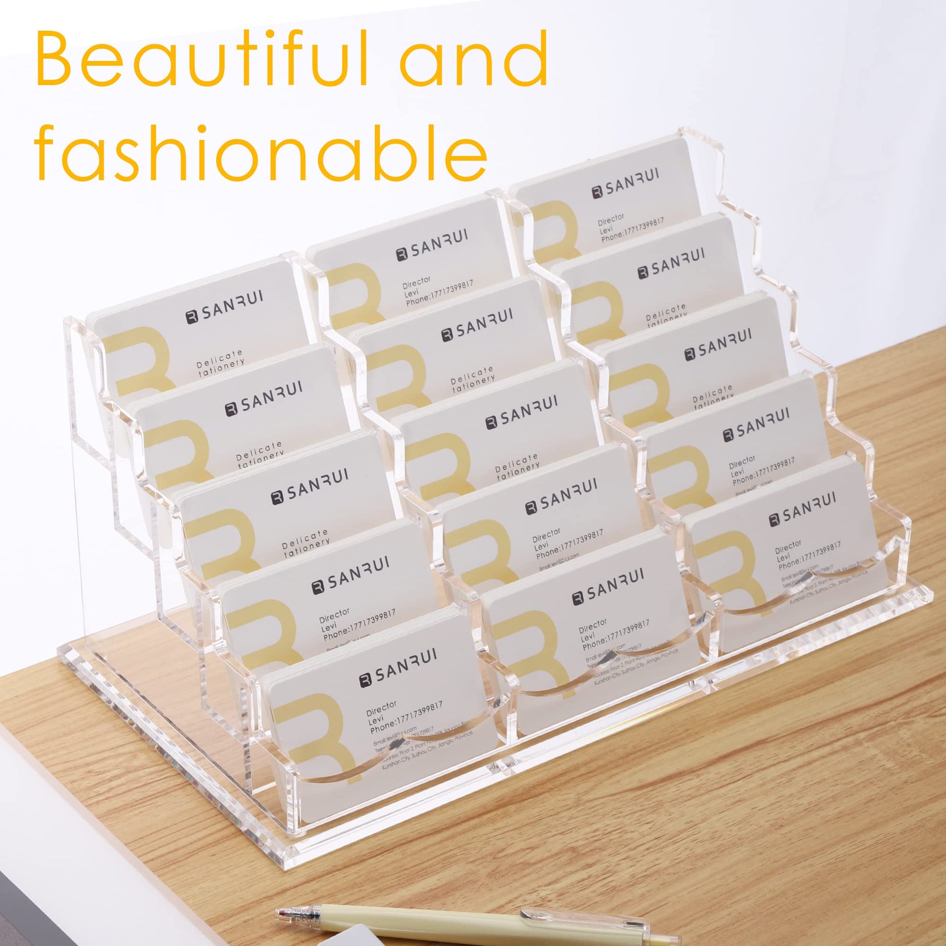 SANRUI Acrylic Business Card Holder, Clear Desk Card Display Stand,15 Slots