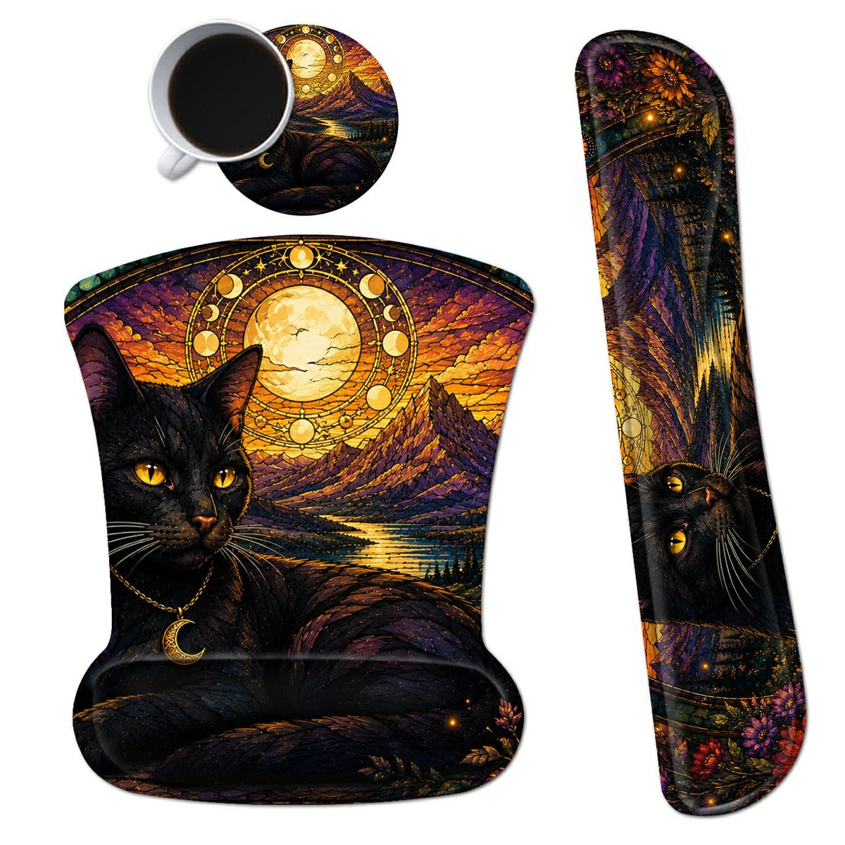 3-in-1 Ergonomic Memory Foam Keyboard Wrist Rest Pad Set, Colored Glass Cat