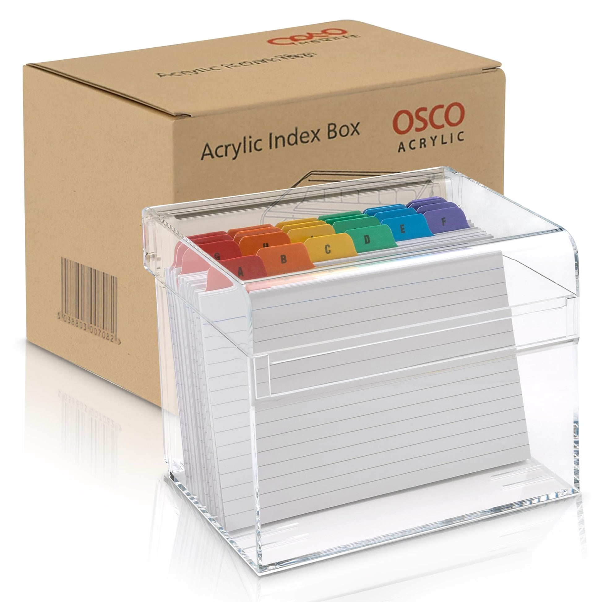 OSCO Clear Acrylic Index Box, Large, A to Z Divider Tabs, 100 Lined Note Cards, 7" x 5", Ruled