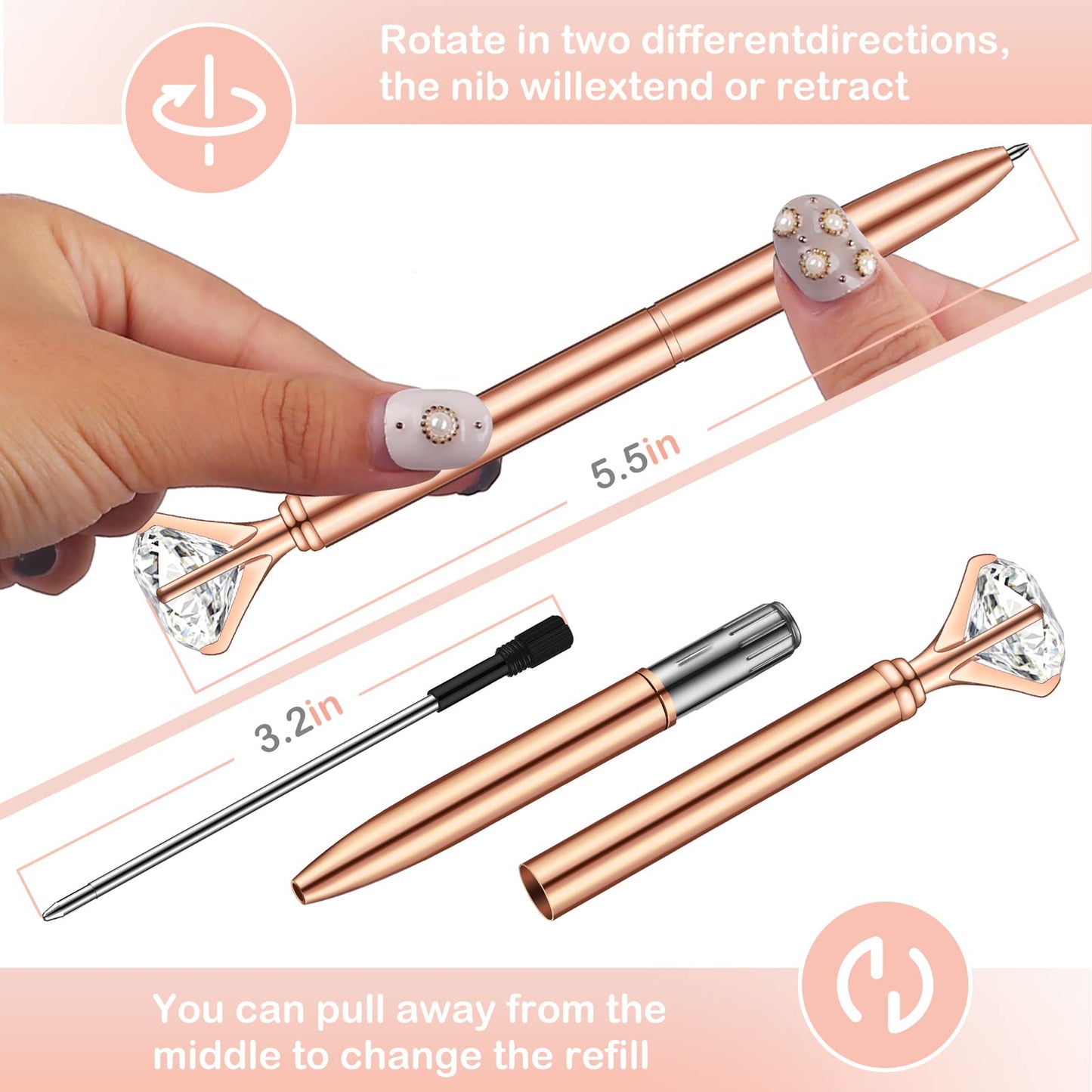 PASISIBICK 20 Rose Gold Diamond Pens Bling Diamond Gem Pen Décor Gifts for Women Bridesmaid
