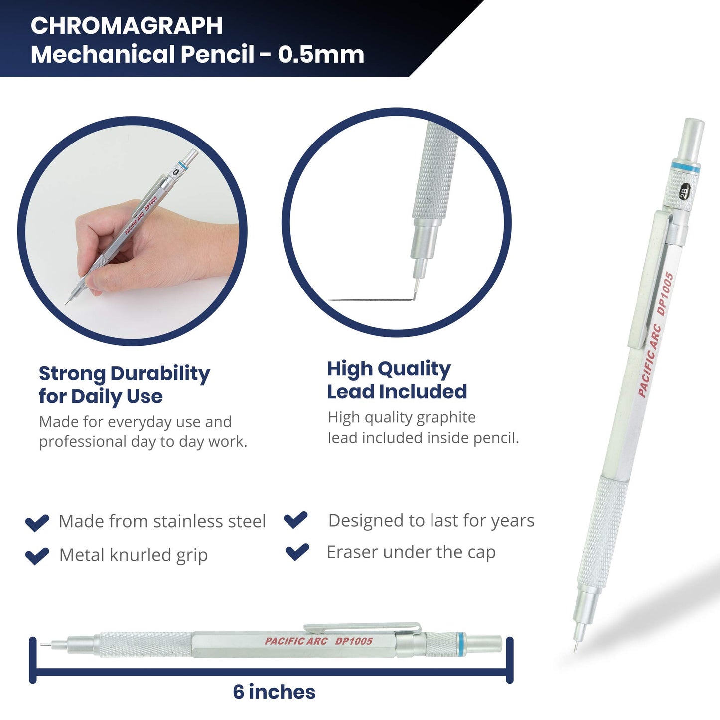 Pacific Arc Chromagraph Metal Mechanical Pencil .5 mm Silver Barrel Mechanical Pencil with Built In