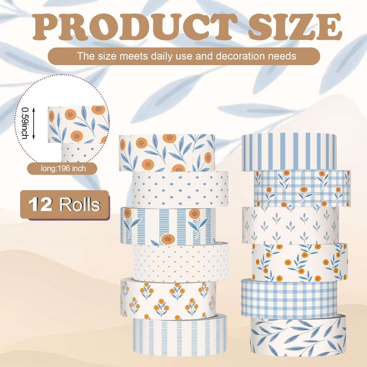 YooNotee 12 Rolls Floral Washi Tape Set,Beige and Blue,Floral Plaid