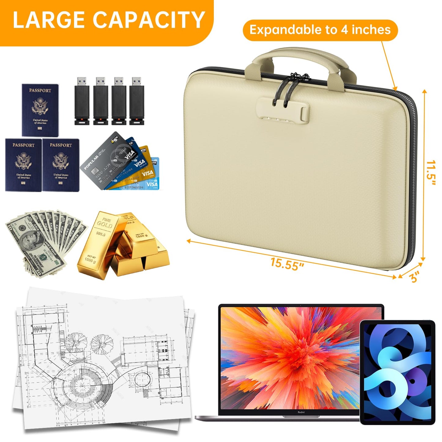DocSafe Fireproof File Organizer with Lock, Hard-Shell Case Fireproof Document Box with 13 Pocket
