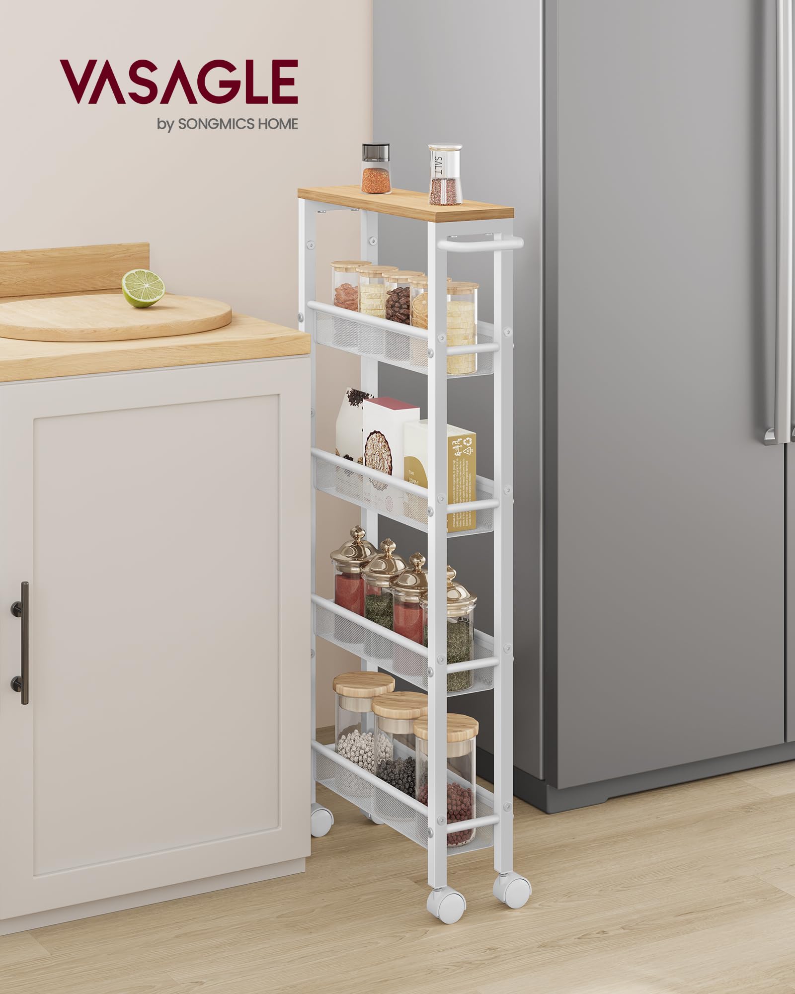 VASAGLE 5-Tier Slim Rolling Storage cart with Wheels, 5.1 Inches, Metal