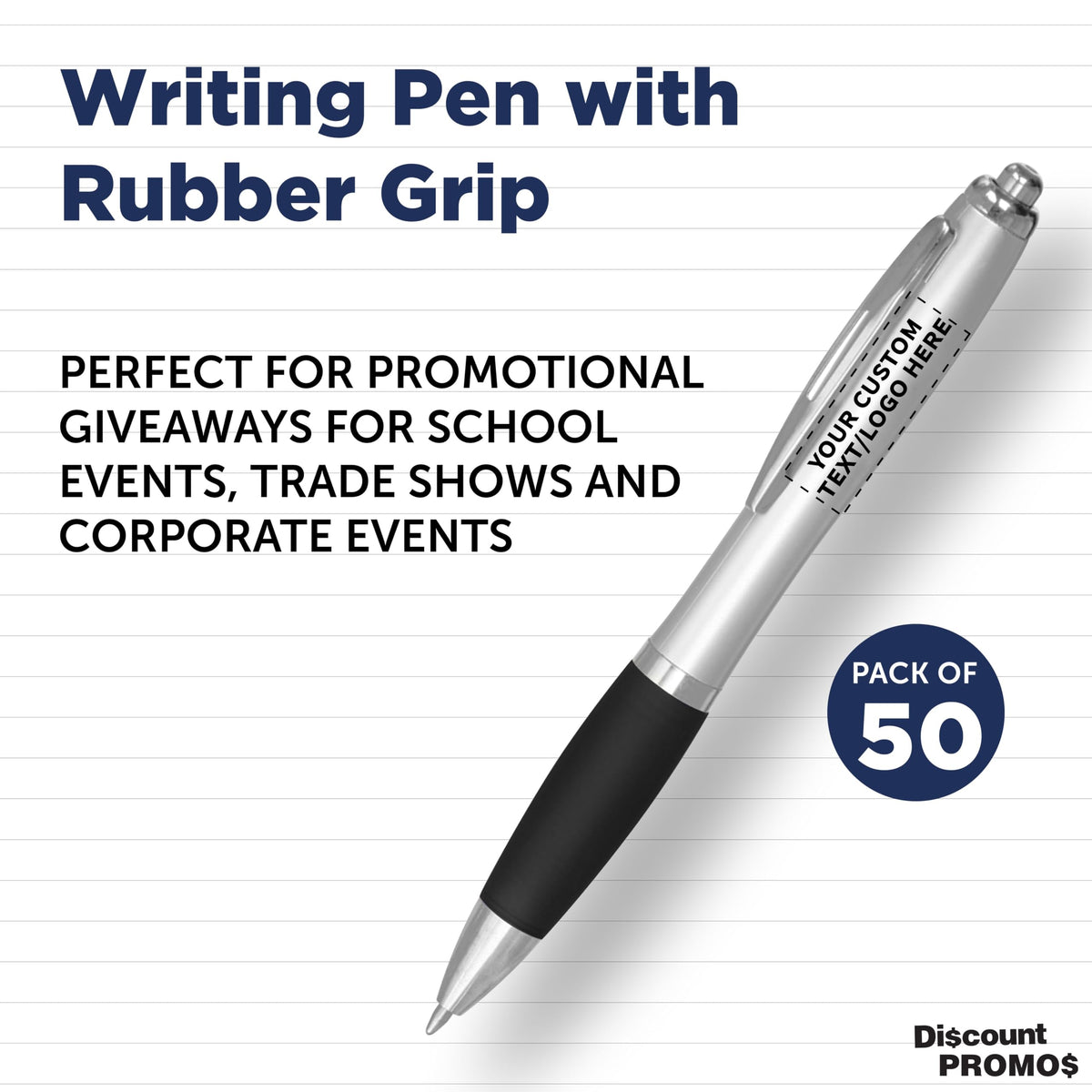 Personalized Ballpoint Pens with Rubber Grip and Click Button, Pack of 50 by DISCOUNT PROMOS